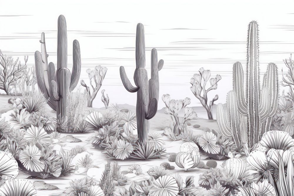 Cactus landscape drawing sketch.