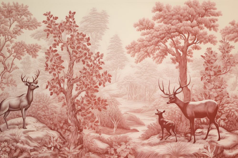 Deer in the forest landscape wallpaper drawing.