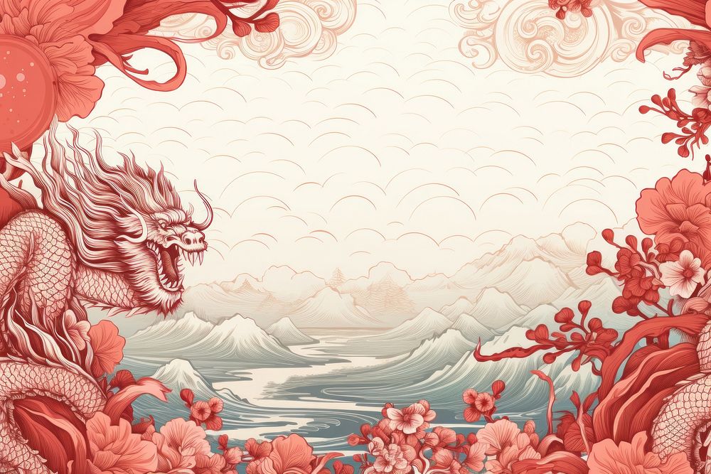 Toile with dragon border pattern art red.