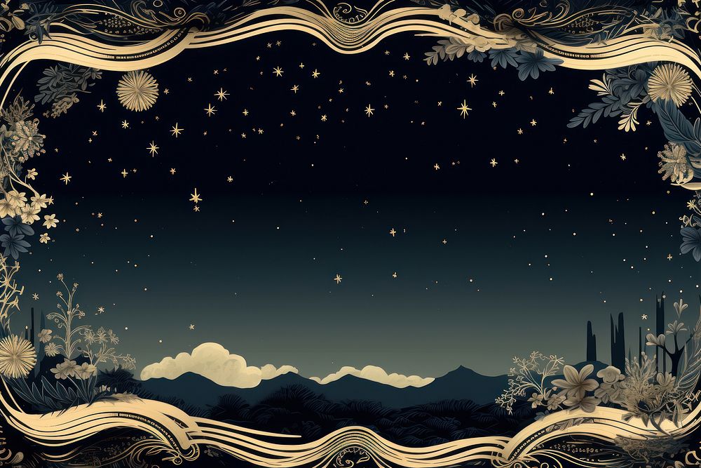 Toile with night sky border landscape outdoors pattern.