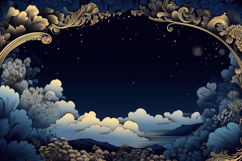 Toile with night sky border landscape outdoors pattern.