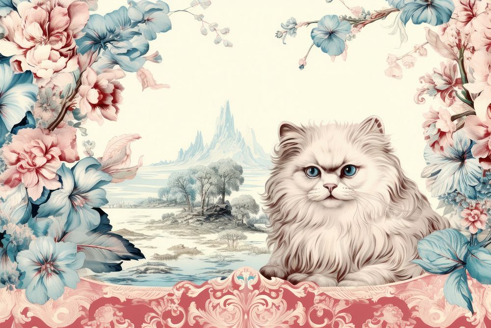 Toile with Persian cat border pattern mammal animal.