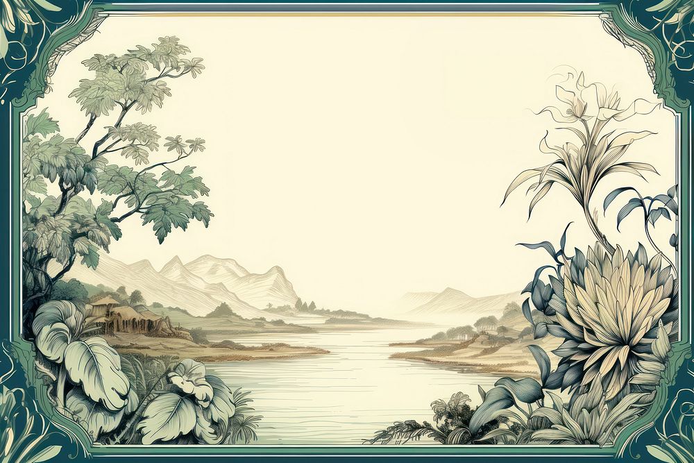 Toile with plant border landscape painting pattern.