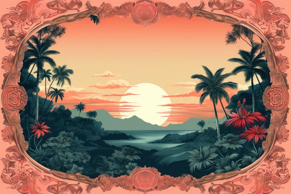 Toile with sunset border landscape outdoors pattern.