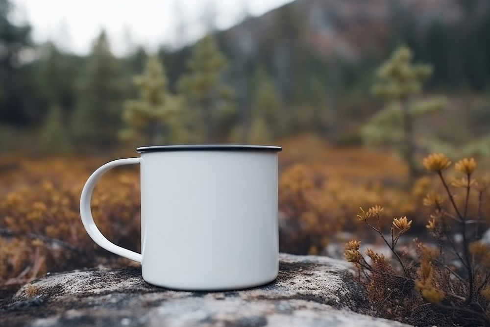 Blank enamel coffee mug cup nature drink.
