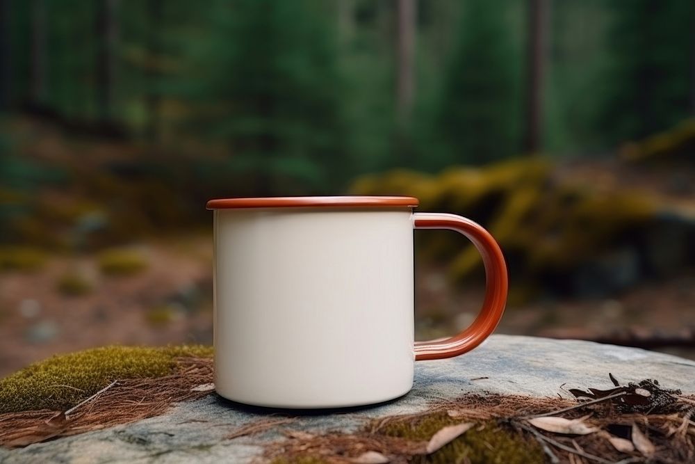 Enamel coffee cup  mug forest drink.