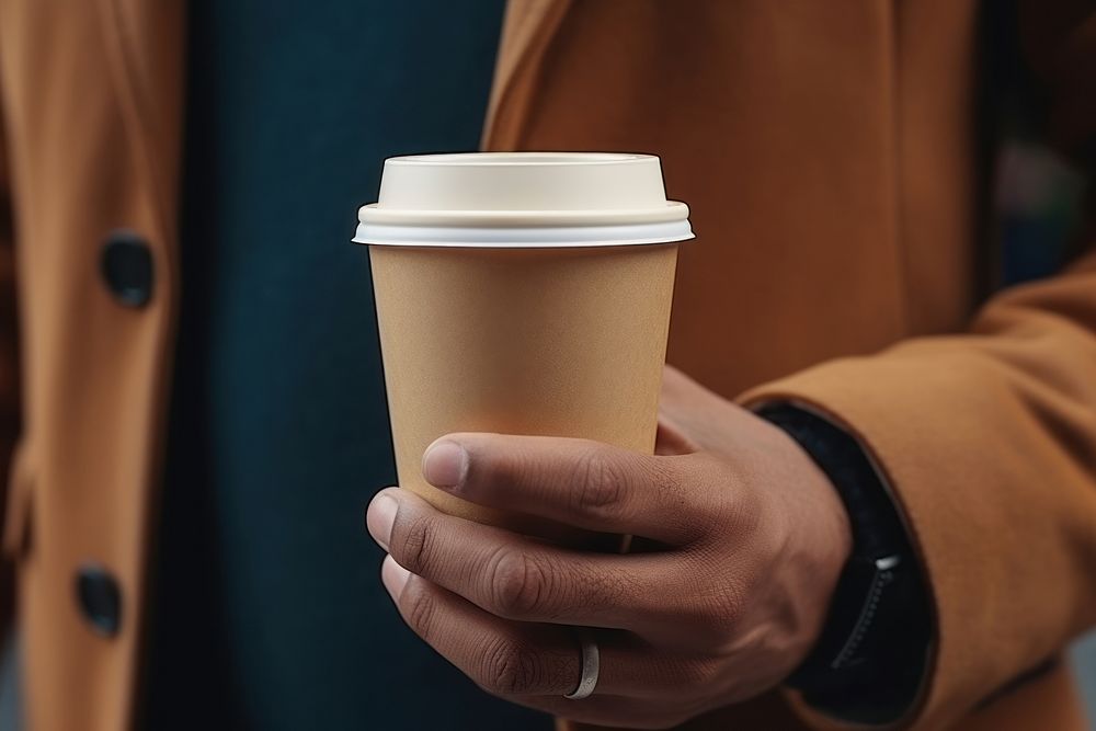 Business person holding cup coffee drink hand.