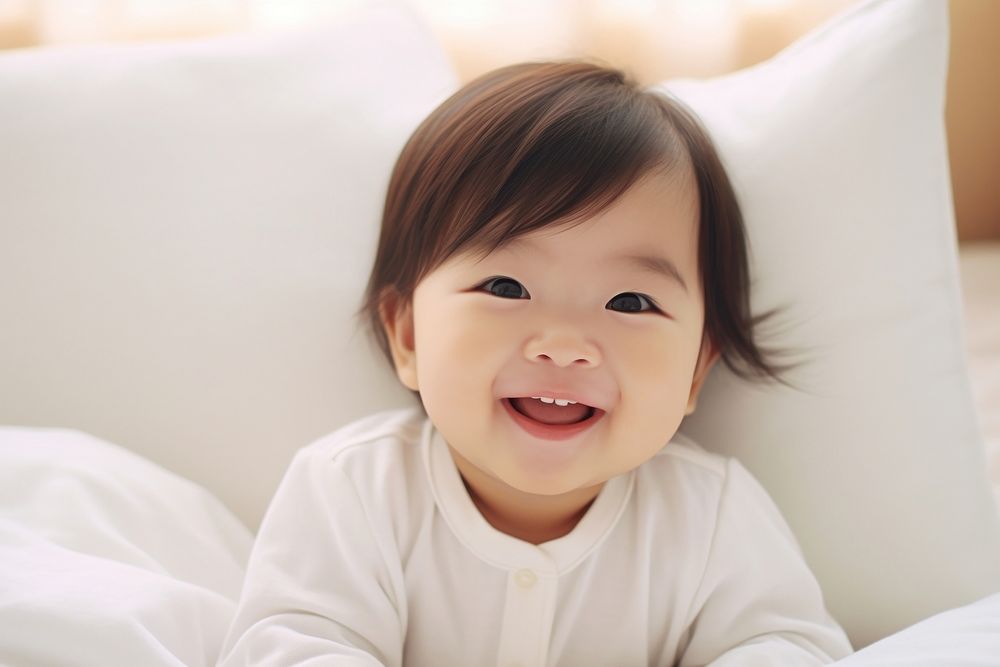 Asian baby girl smiling smile bed.
