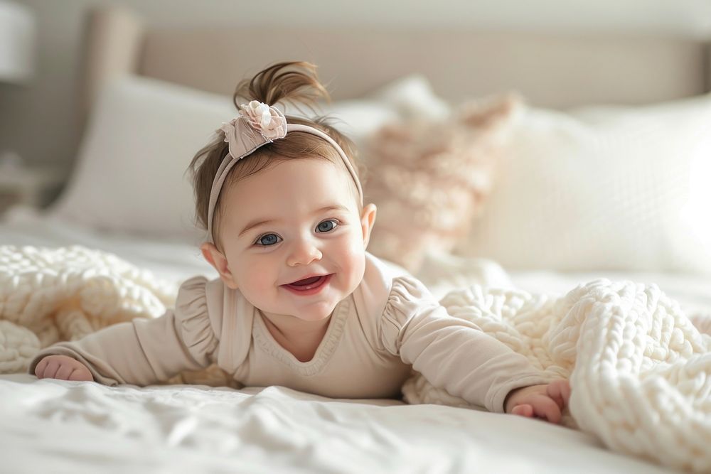 Baby girl crawling smiling bed.