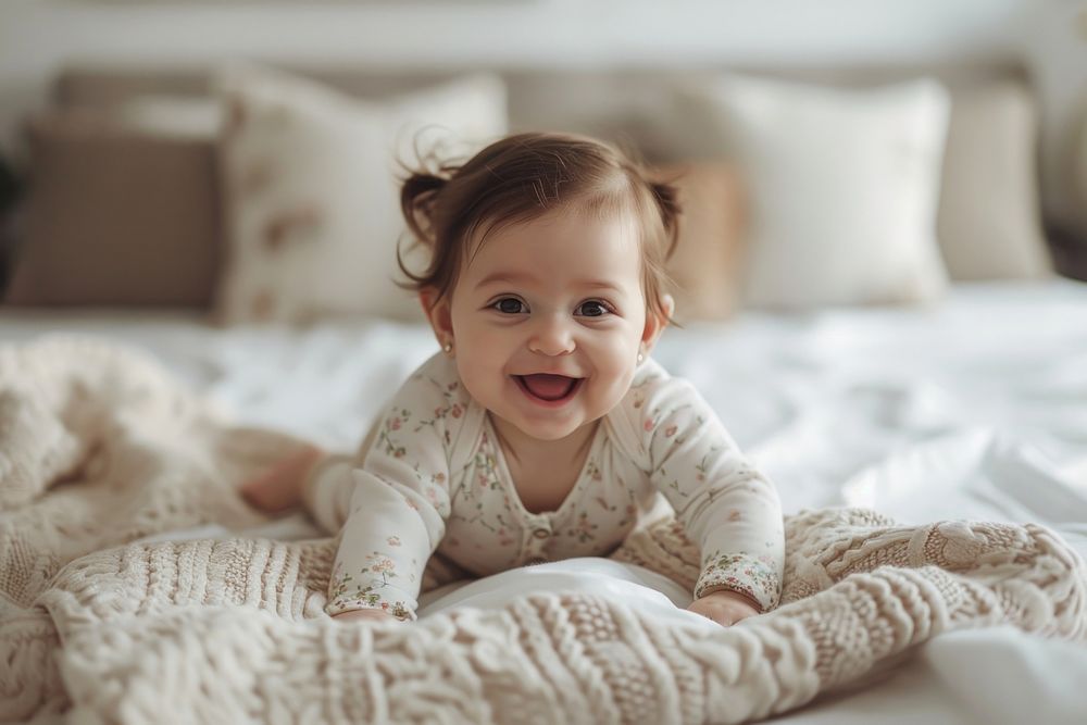 Latin baby girl smiling cozy bed.