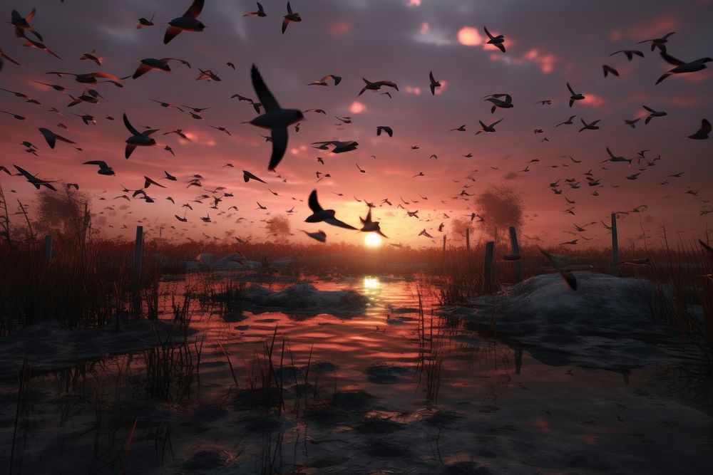  Migratory birds at sunset outdoors animal nature. AI generated Image by rawpixel.