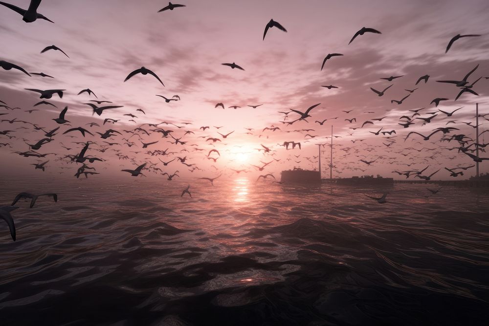  Birds at sunset outdoors horizon nature. AI generated Image by rawpixel.