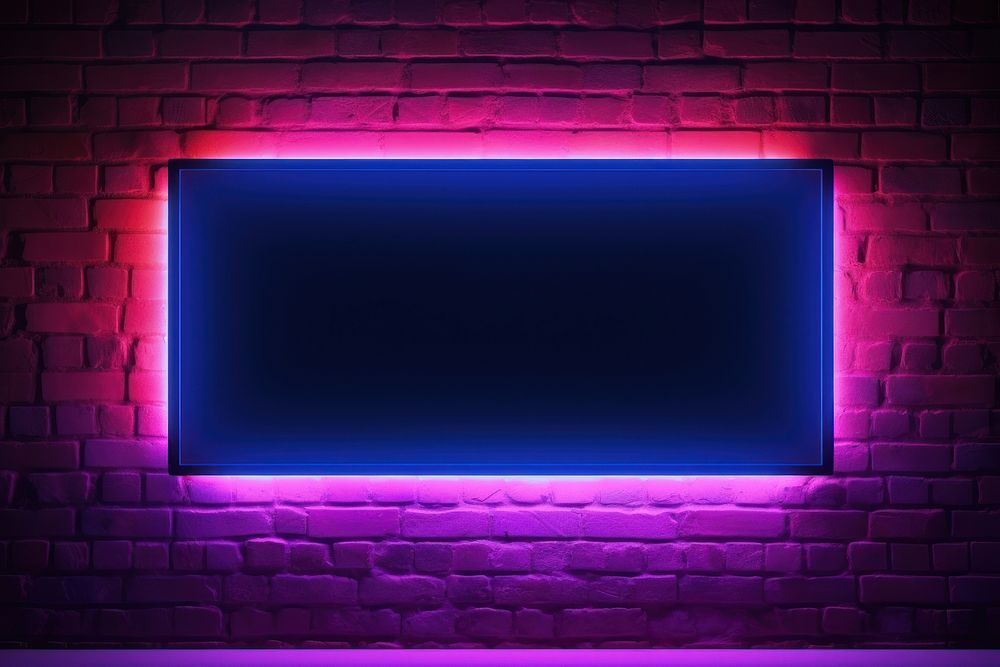  Neon glowing rectangle frame on brick wall lighting purple blue. AI generated Image by rawpixel.