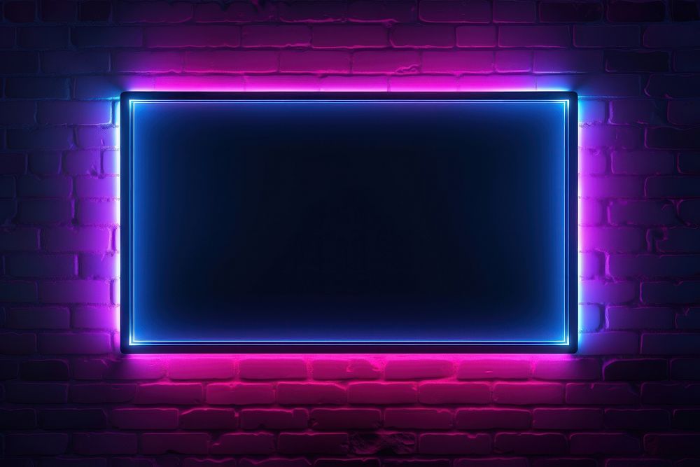  Neon glowing rectangle frame on brick wall lighting screen purple. AI generated Image by rawpixel.