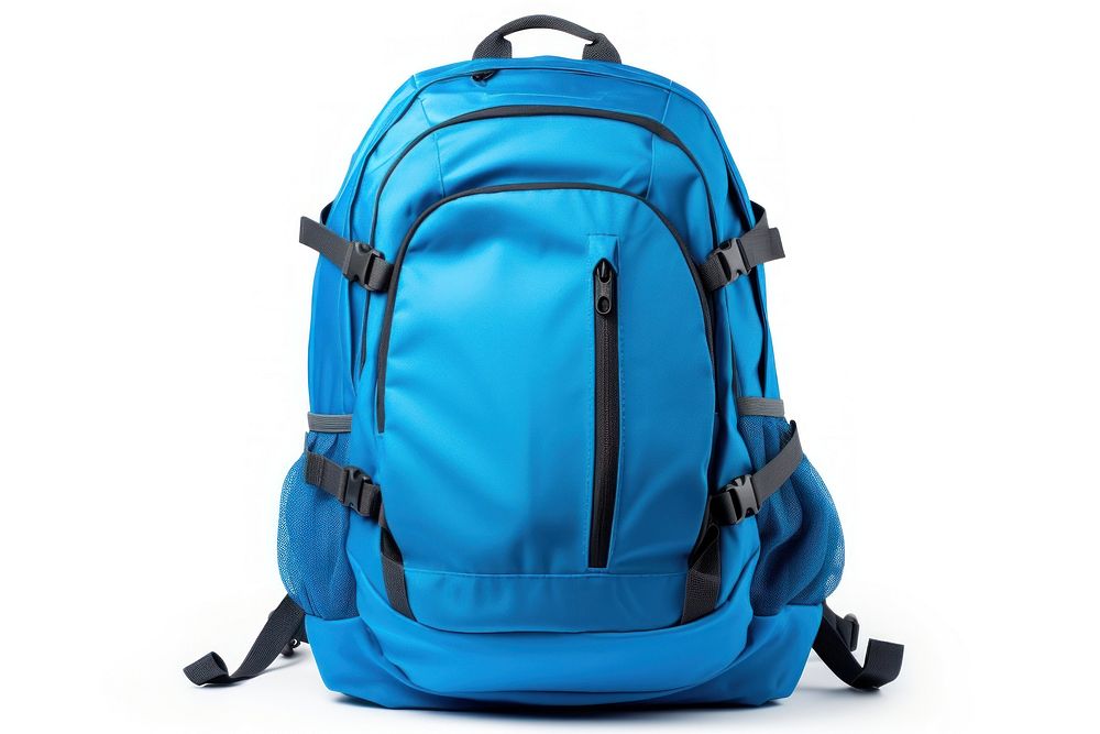Blue backpack bag white background turquoise.