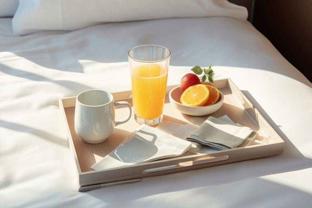 Breakfast tray on hotel bed brunch juice drink.