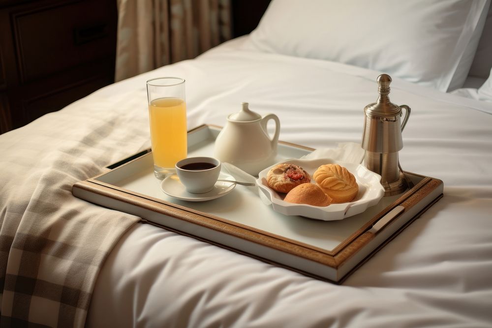 Breakfast tray on hotel bed furniture brunch bread.