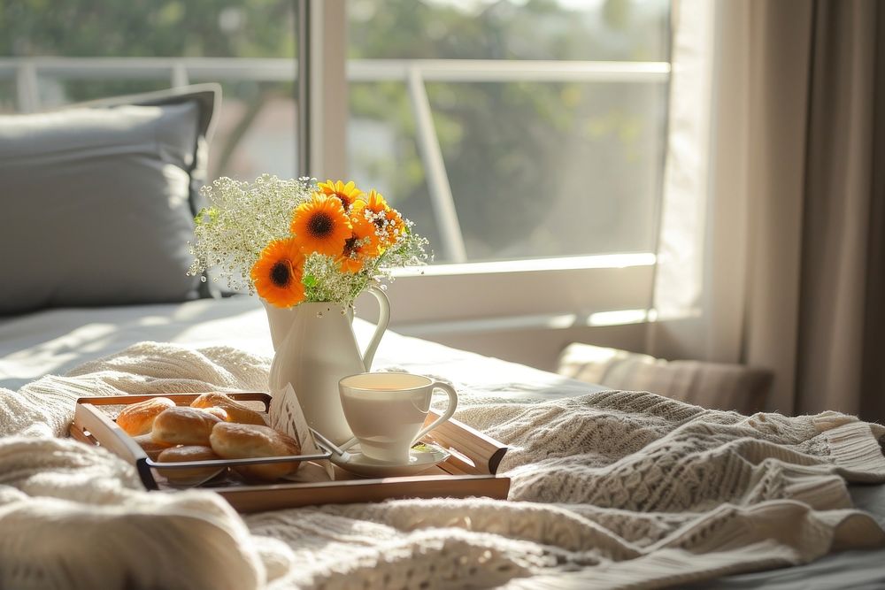 Breakfast tray on hotel bed furniture window pillow.