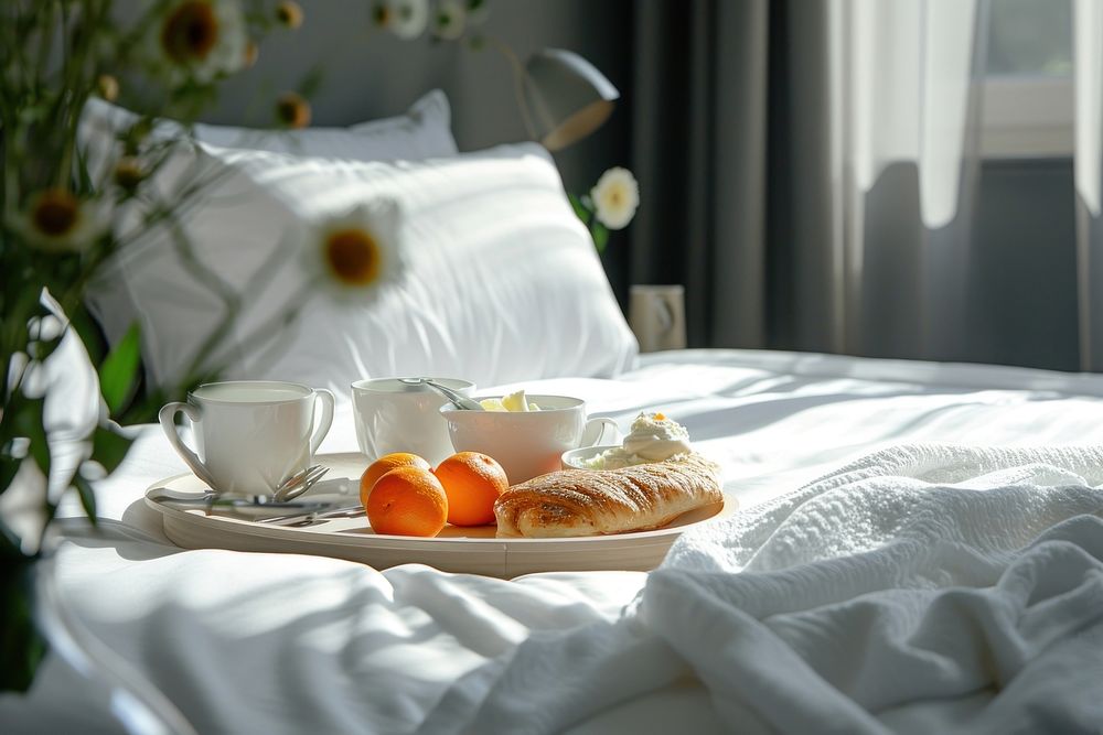Breakfast tray on hotel bed furniture pillow brunch.