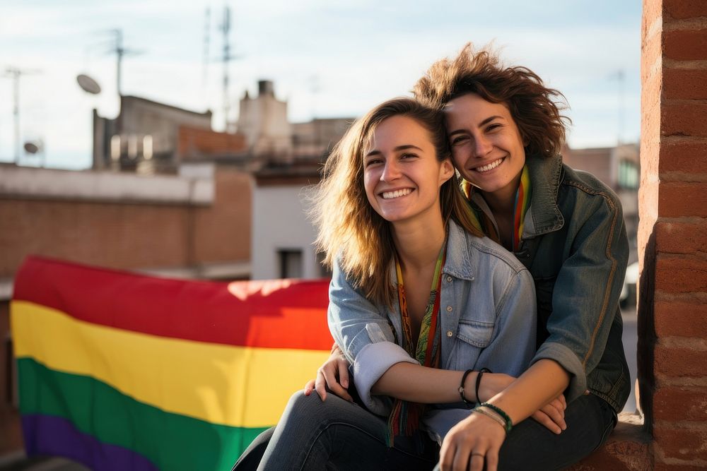 Lesbian woman couple laughing smiling smile. AI generated Image by rawpixel.