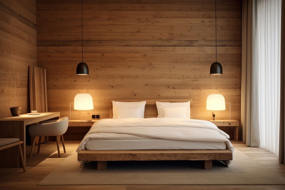 Minimal hotel interior wood furniture hardwood.
