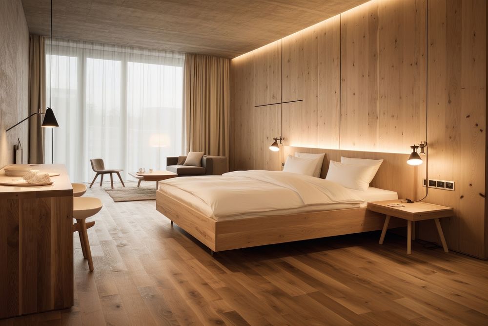 Minimal hotel interior wood furniture hardwood.