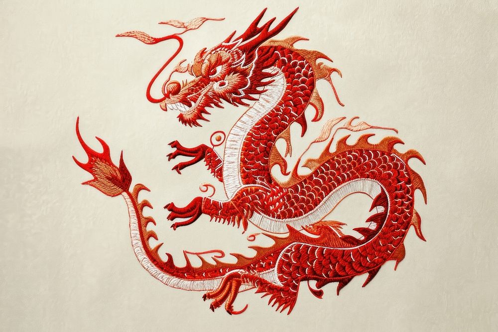 Dragon in embroidery style representation invertebrate calligraphy.