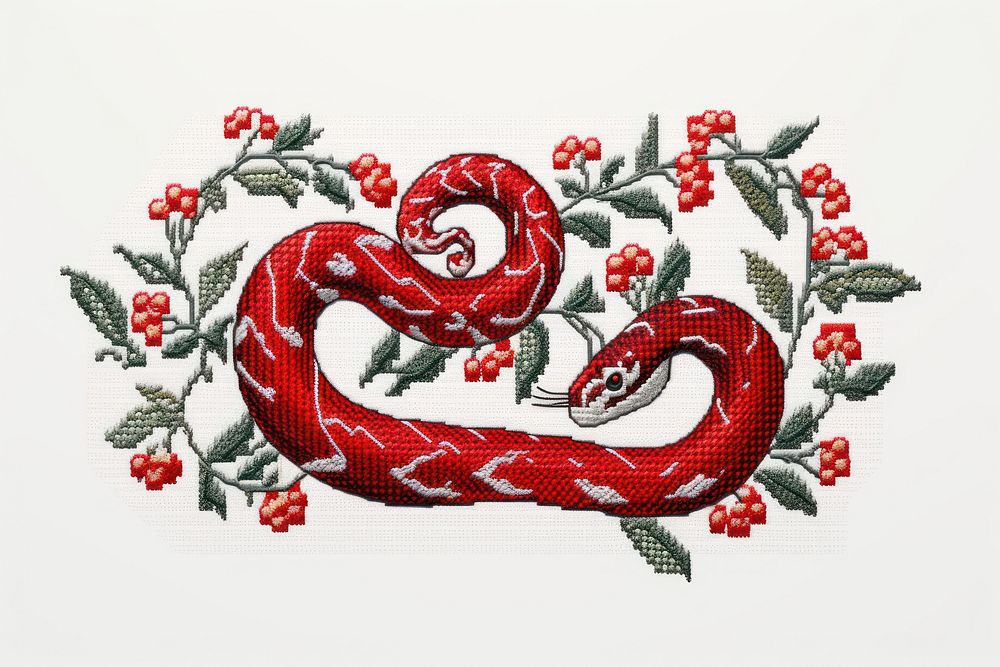 Snake in embroidery style needlework pattern textile.