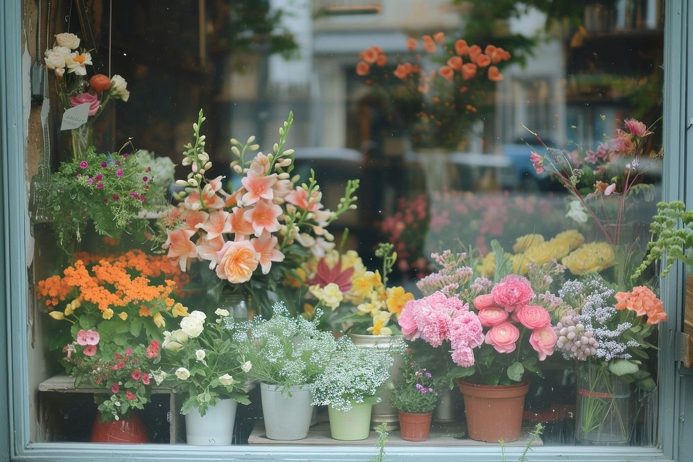 Small flower store window windowsill outdoors.