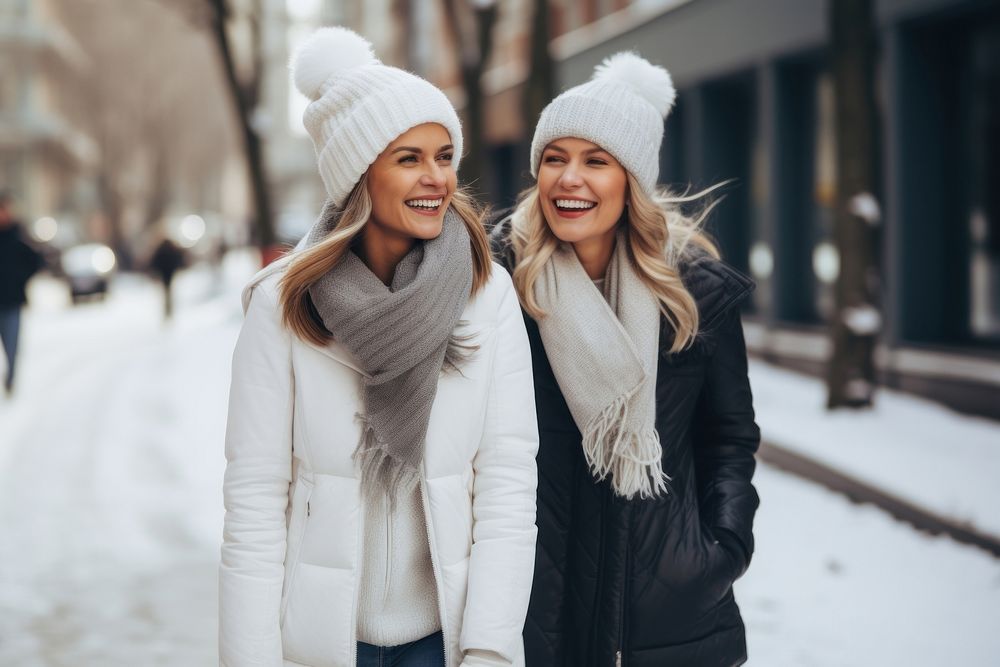 Two women laughing winter scarf. AI generated Image by rawpixel.