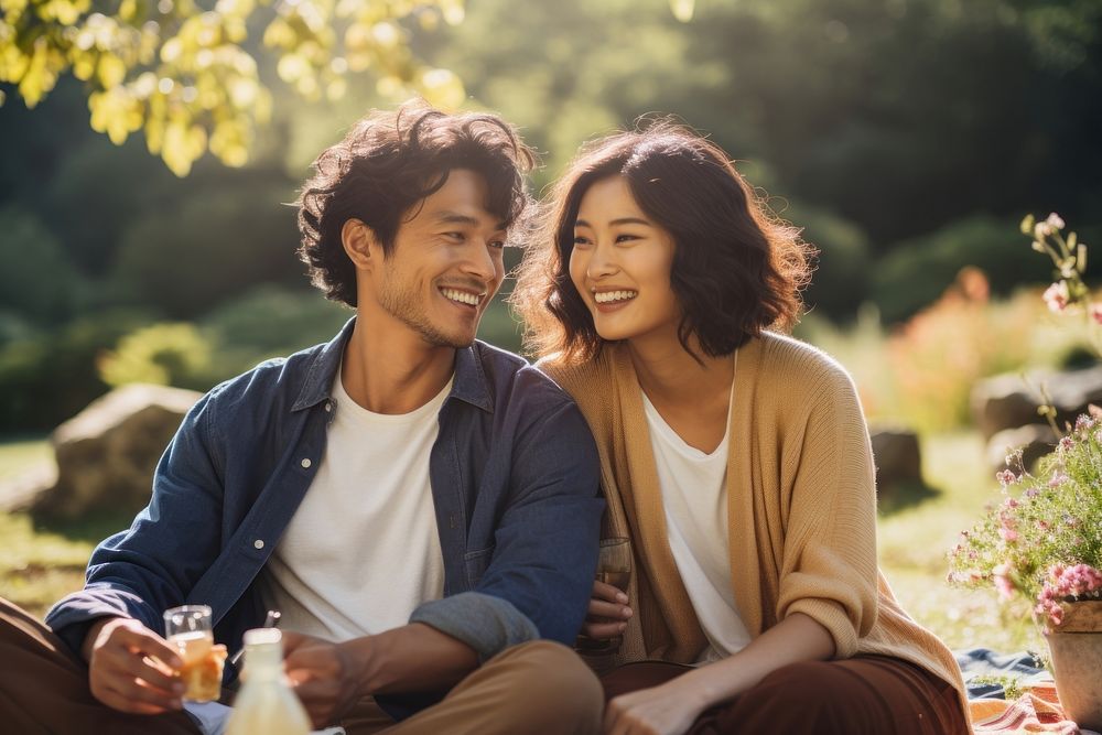 Couple having afternoon picnic in the park cheerful laughing sunlight. AI generated Image by rawpixel.