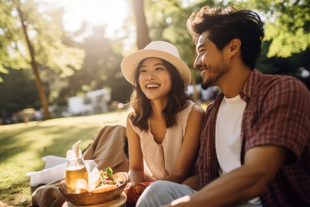 Couple having afternoon picnic in the park cheerful sunlight adult. AI generated Image by rawpixel.