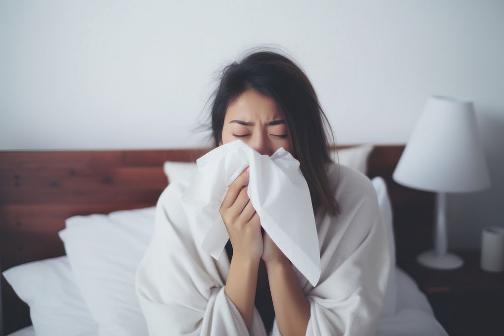 Women having flu and sneeze bedroom adult cozy. AI generated Image by rawpixel.
