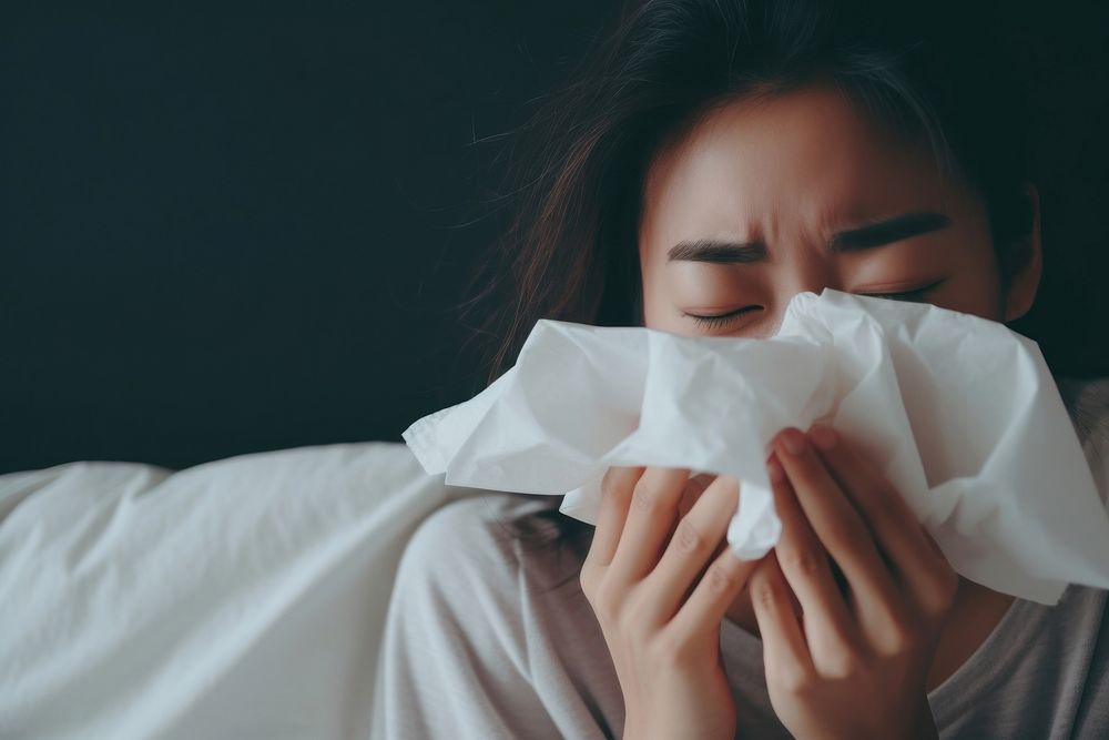 Women having flu and sneeze bedroom adult relaxation. AI generated Image by rawpixel.