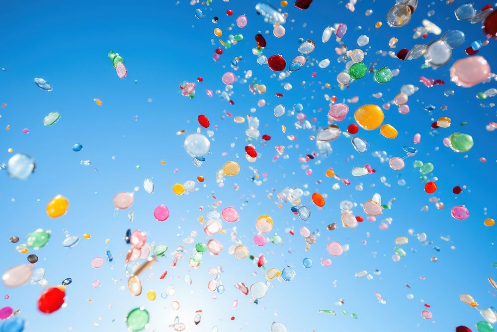 Colorful confetti against clear blue sky outdoors balloon backgrounds. AI generated Image by rawpixel.