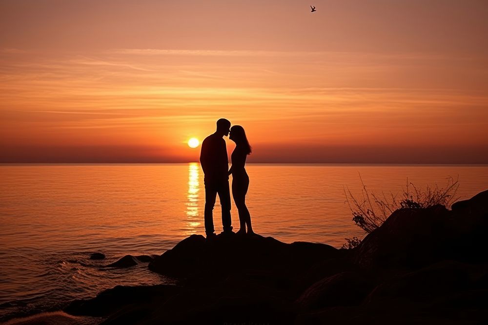 Couple kissing backlighting silhouette sunset. AI generated Image by rawpixel.