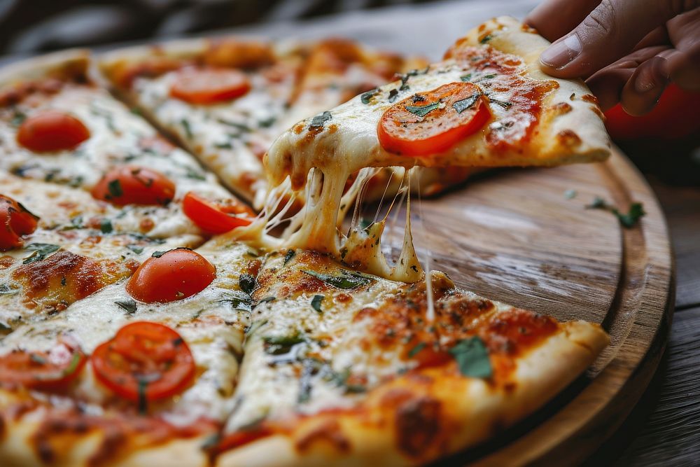 Hand take slices of pizza food mozzarella pepperoni.