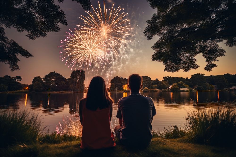 Firework fireworks lake outdoors. AI generated Image by rawpixel.