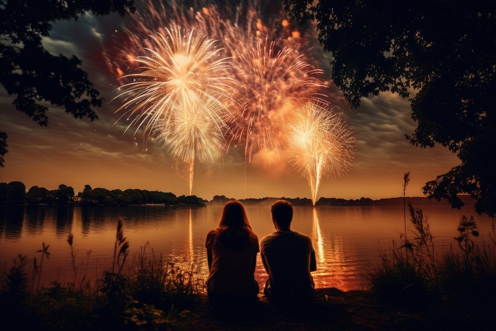 Firework fireworks lake silhouette. AI generated Image by rawpixel.