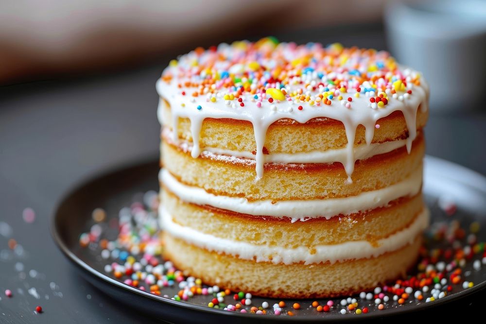 Homemade sponge cake icing sprinkles dessert.