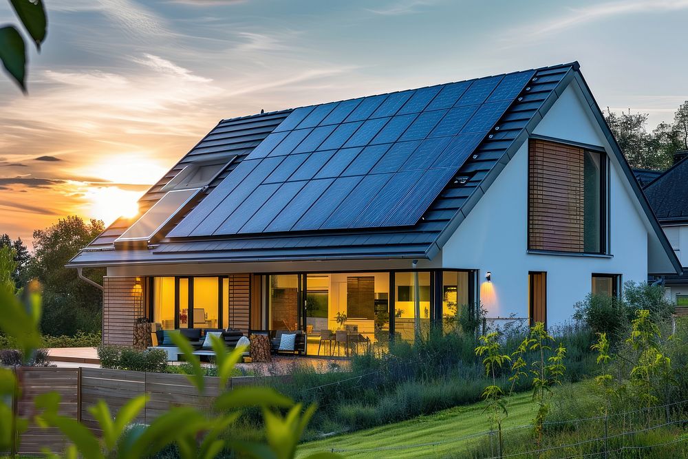 Solar panels outdoors sunset house.