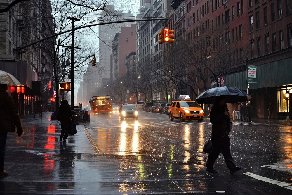 New york city rain vehicle street.