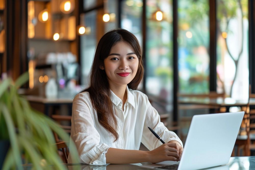 Asian entrepreneur woman laptop computer sitting.