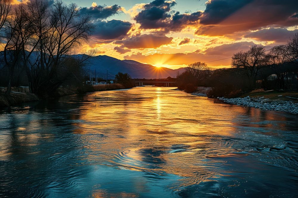 River sunset landscape sunlight.