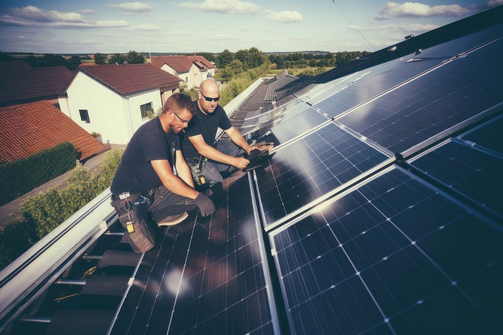Professional workers measuring solar panels architecture outdoors adult. AI generated Image by rawpixel.