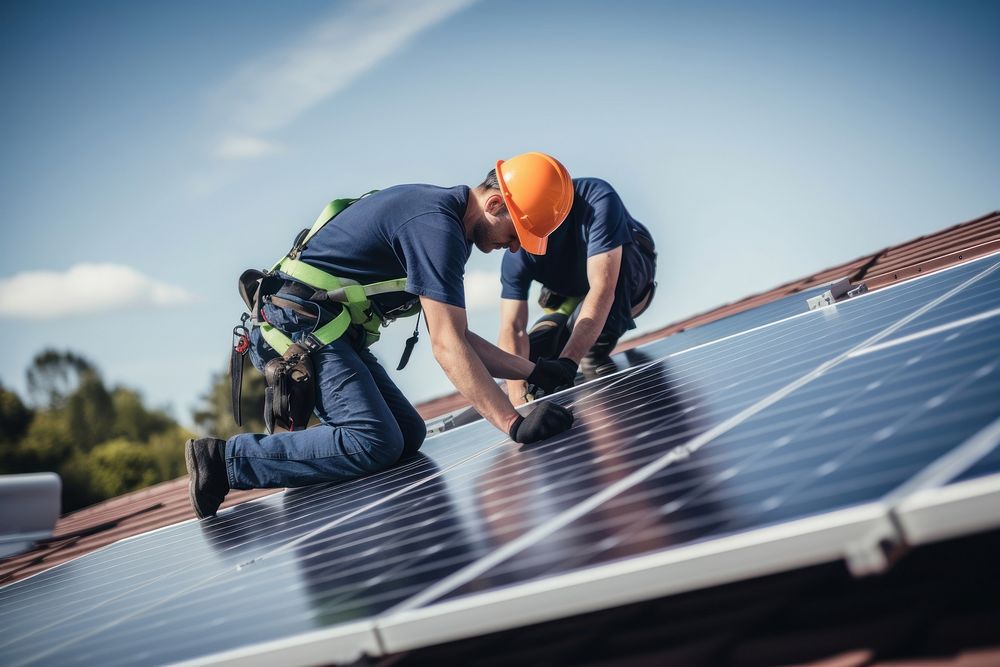 Professional workers measuring solar panels helmet roof architecture. AI generated Image by rawpixel.