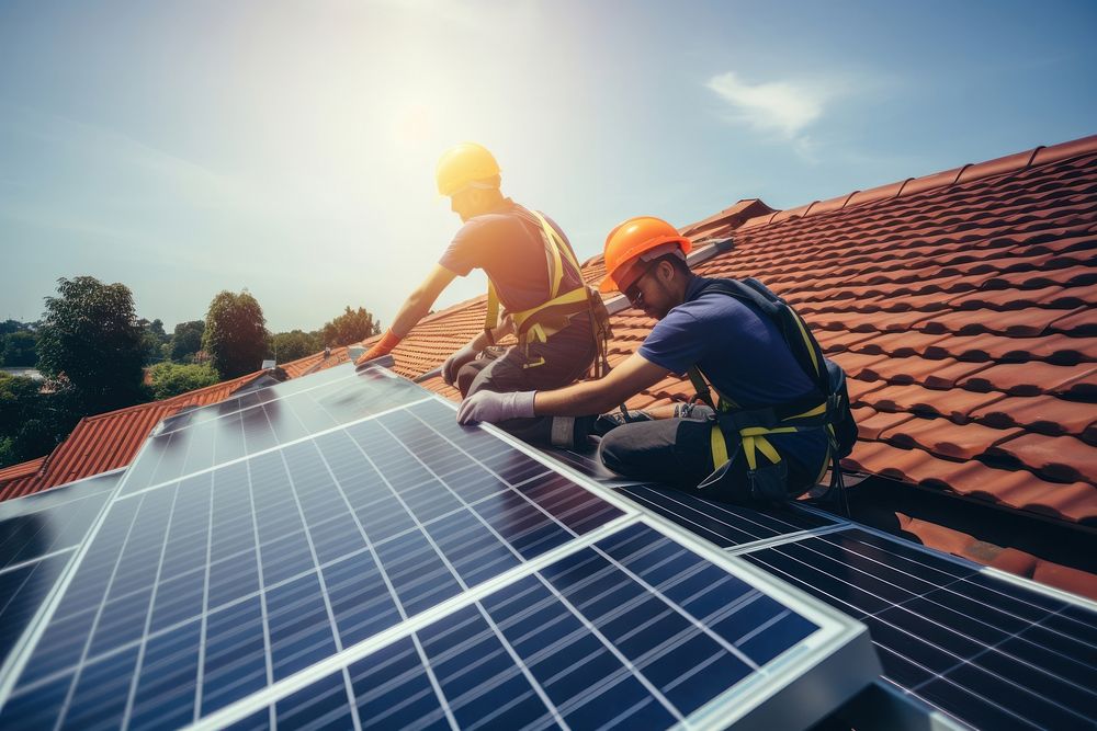 Professional workers measuring solar panels helmet adult roof. 