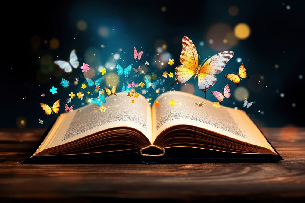 Open book with magic publication butterfly glowing.