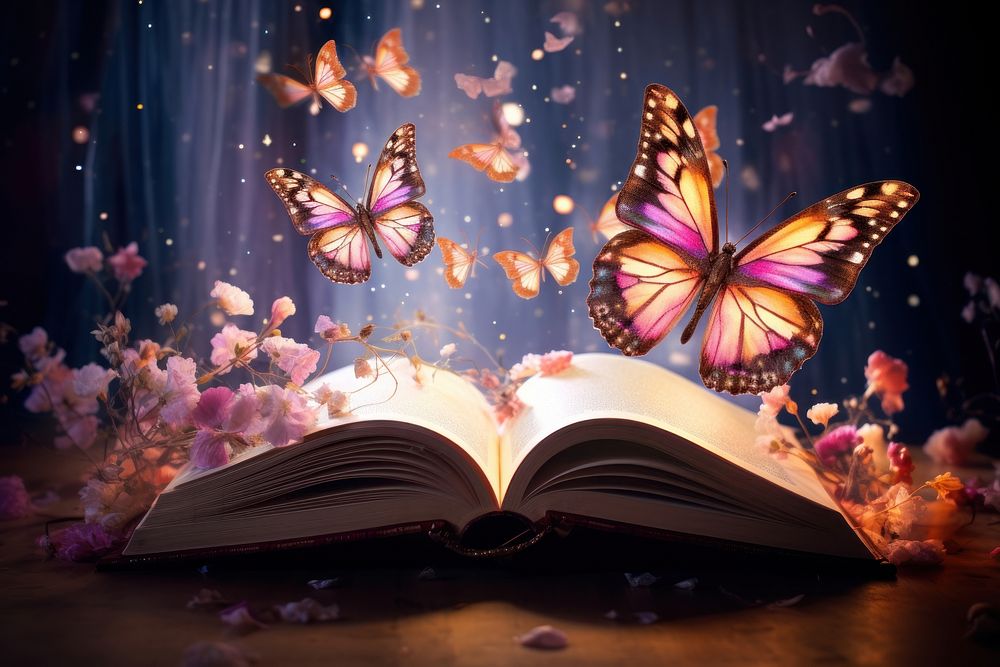 Open book with magic butterfly flower publication.