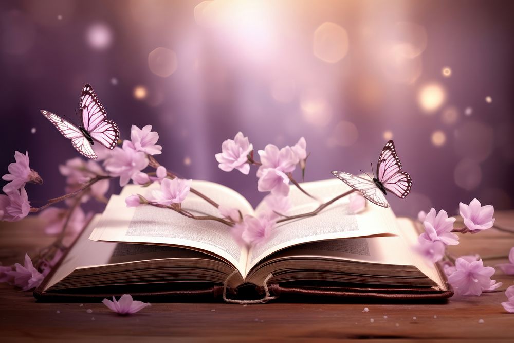 Open book with magic flower publication nature.
